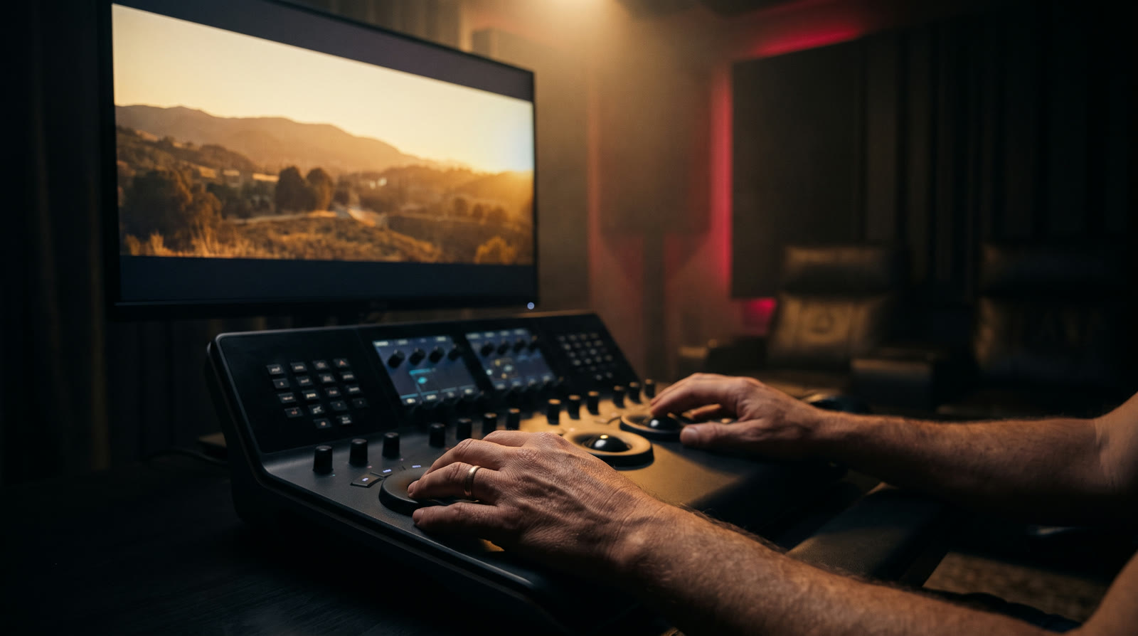 Colorist grading a cinematic shot at the AiSHOT Media studio